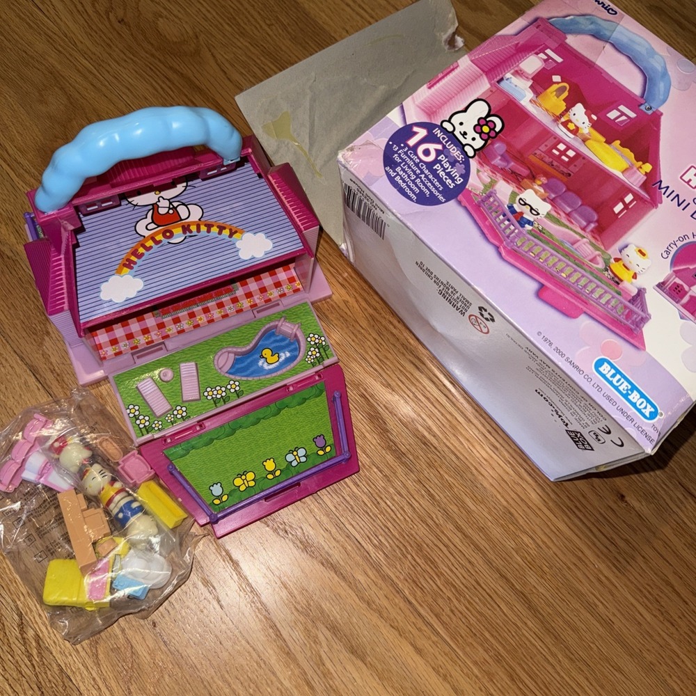 Vintage 2000 Kitty Sanrio Hello Kitty Carry Along Mini Dollhouse Blue Box